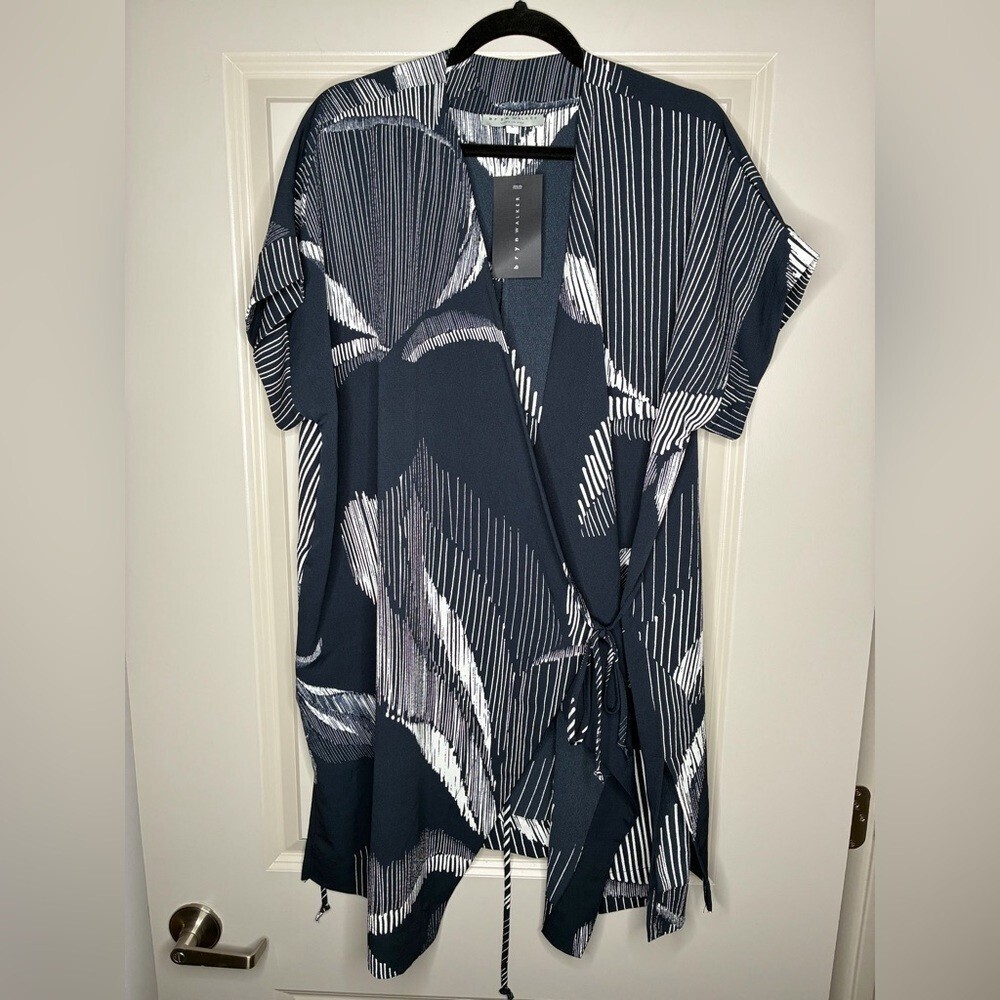 Bryn Walker NWT Wrap Tunic in Indaco Foglia Print Navy White Size Large